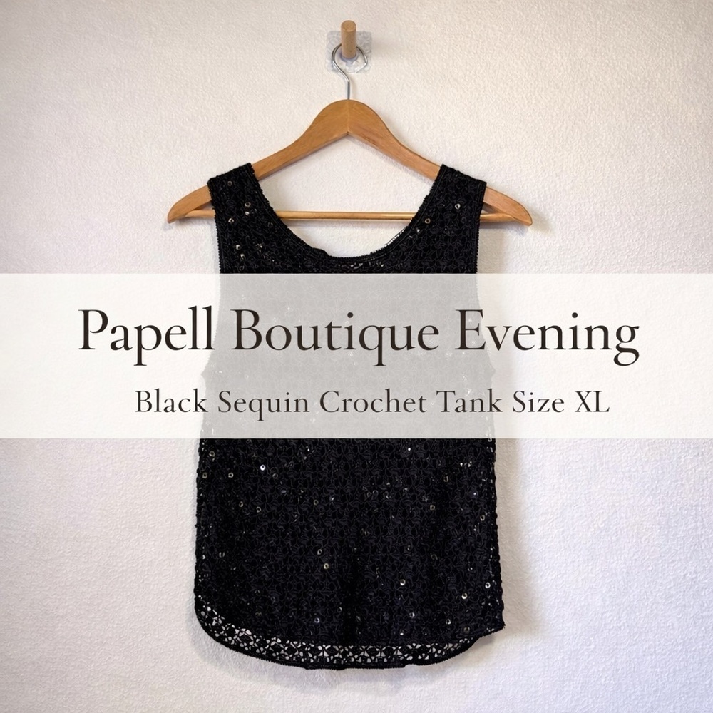 Papell Boutique Evening Black Sequin Crochet Tank Top Size XL